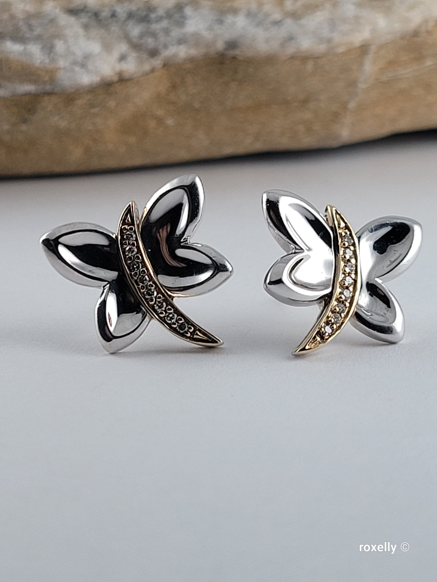 ❤️925 Precious Sterling Silver and 14k Solid Gold Genuine Diamonds Butterfly-Shaped Earrings!