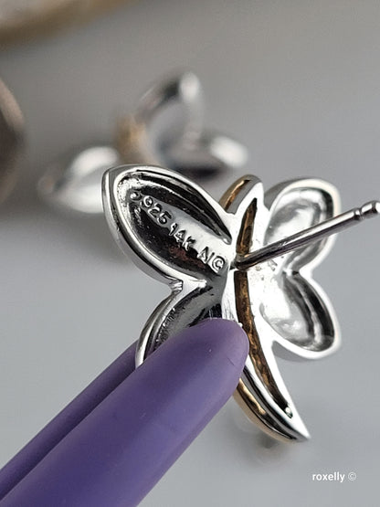 ❤️925 Precious Sterling Silver and 14k Solid Gold Genuine Diamonds Butterfly-Shaped Earrings!