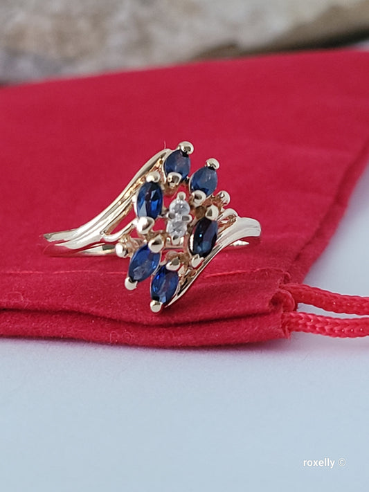 ❤️14k Size 7.75 Vintage Solid Yellow Gold Sapphire and Genuine Diamonds Ring!