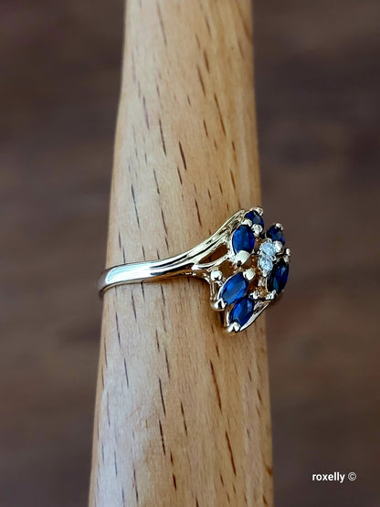 ❤️14k Size 7.75 Vintage Solid Yellow Gold Sapphire and Genuine Diamonds Ring!