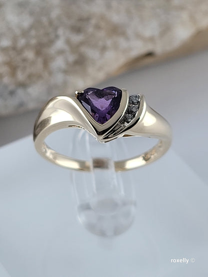 ❤️14k Size 6.5 Beautiful Solid Yellow Gold Heart-Shaped Amethyst and Diamonds Ring!