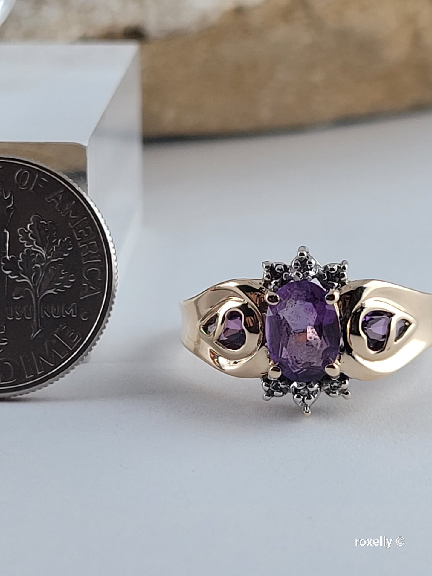 ❤️14k Size 7 Amazing Solid Yellow Gold Amethyst and Diamonds Ring!