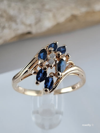 ❤️14k Size 7.75 Vintage Solid Yellow Gold Sapphire and Genuine Diamonds Ring!