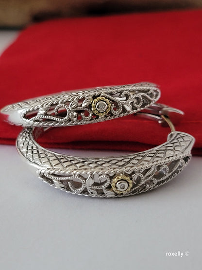 ❤️925 Precious Sterling Silver & 18k Solid Gold Diamond Filigree Design Earrings!