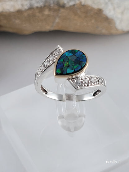 ❤️925 Size 7.75 Precious Sterling Silver and Solid Yellow Gold Topaz, and Mosaic Opal Ring!