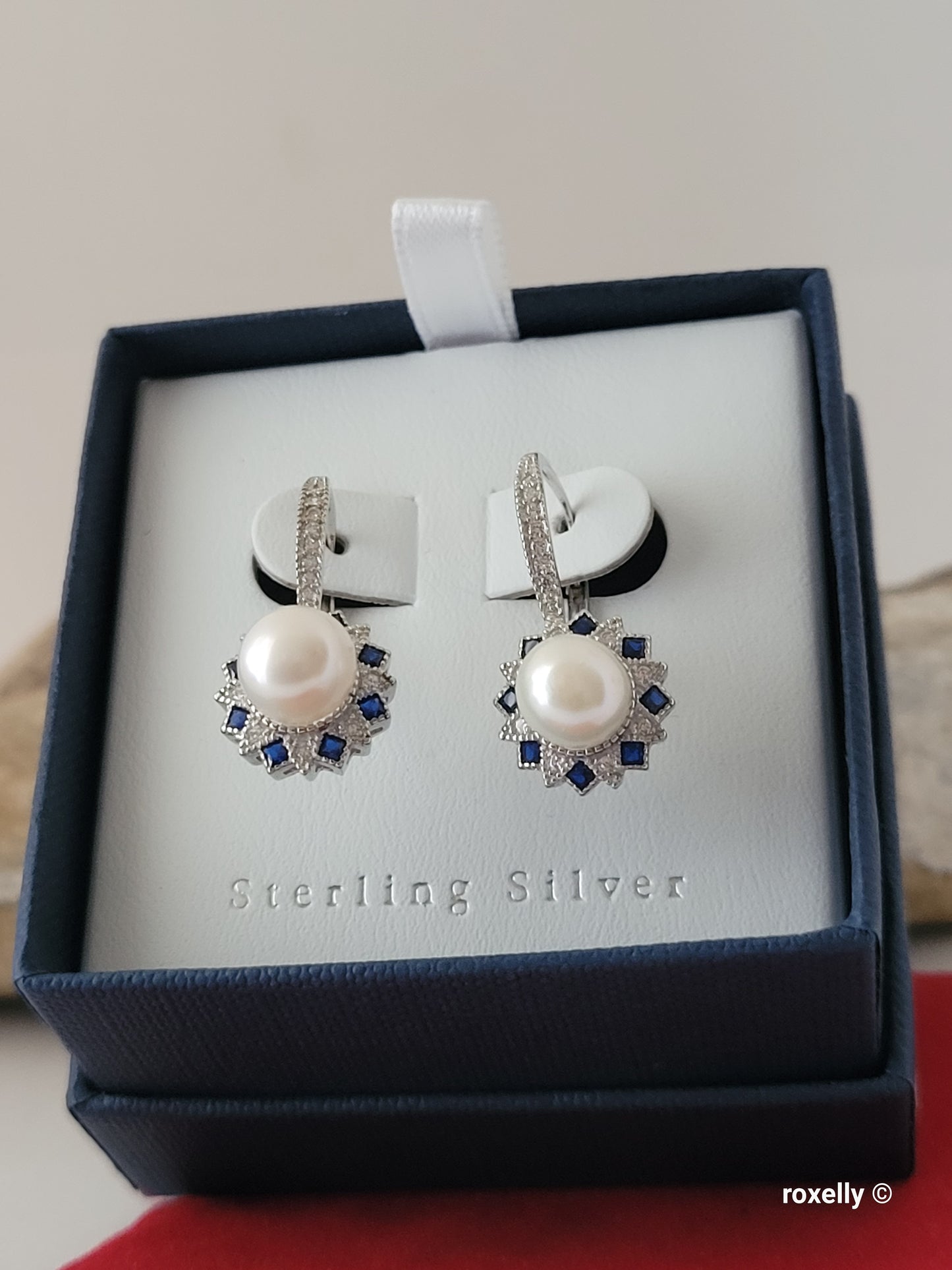 ❤️Precious Sterling Silver Fresh-Water Pearl, White and Blue Cubic Zirconia Drop Earrings!