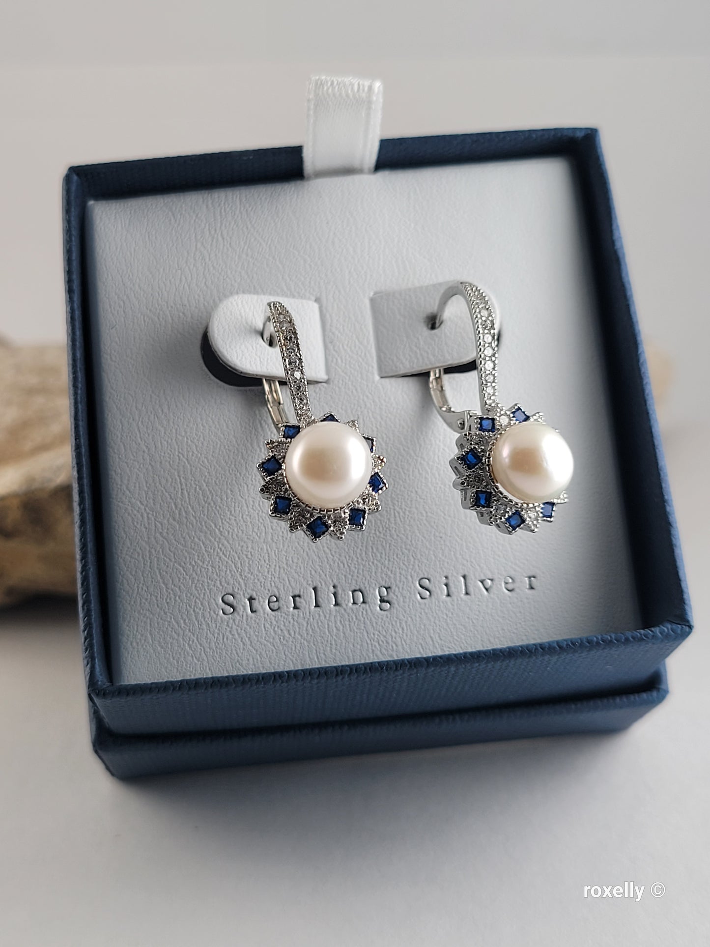 ❤️Precious Sterling Silver Fresh-Water Pearl, White and Blue Cubic Zirconia Drop Earrings!