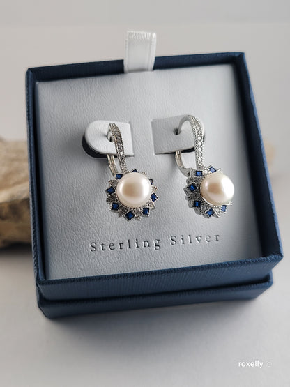 ❤️Precious Sterling Silver Fresh-Water Pearl, White and Blue Cubic Zirconia Drop Earrings!