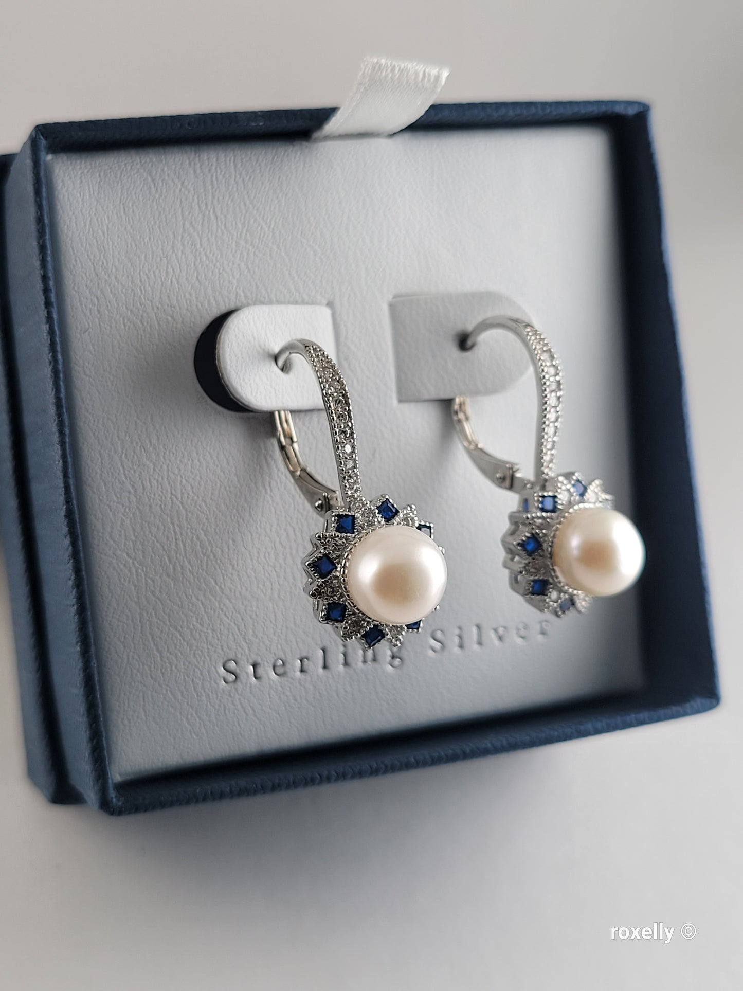 ❤️Precious Sterling Silver Fresh-Water Pearl, White and Blue Cubic Zirconia Drop Earrings!