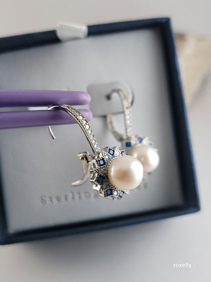 ❤️Precious Sterling Silver Fresh-Water Pearl, White and Blue Cubic Zirconia Drop Earrings!