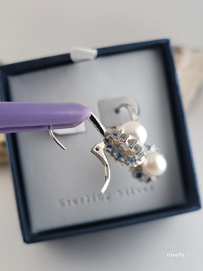 ❤️Precious Sterling Silver Fresh-Water Pearl, White and Blue Cubic Zirconia Drop Earrings!