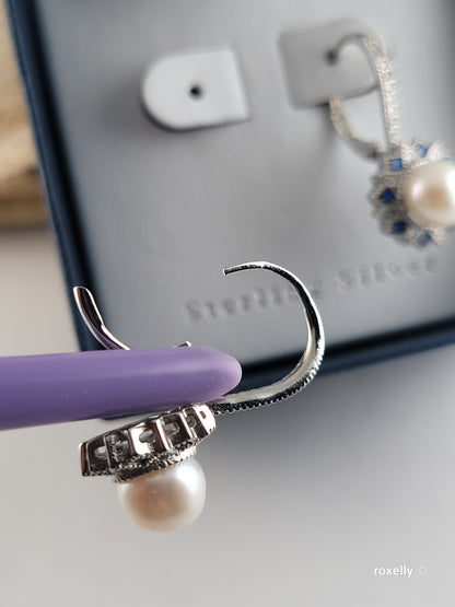 ❤️Precious Sterling Silver Fresh-Water Pearl, White and Blue Cubic Zirconia Drop Earrings!