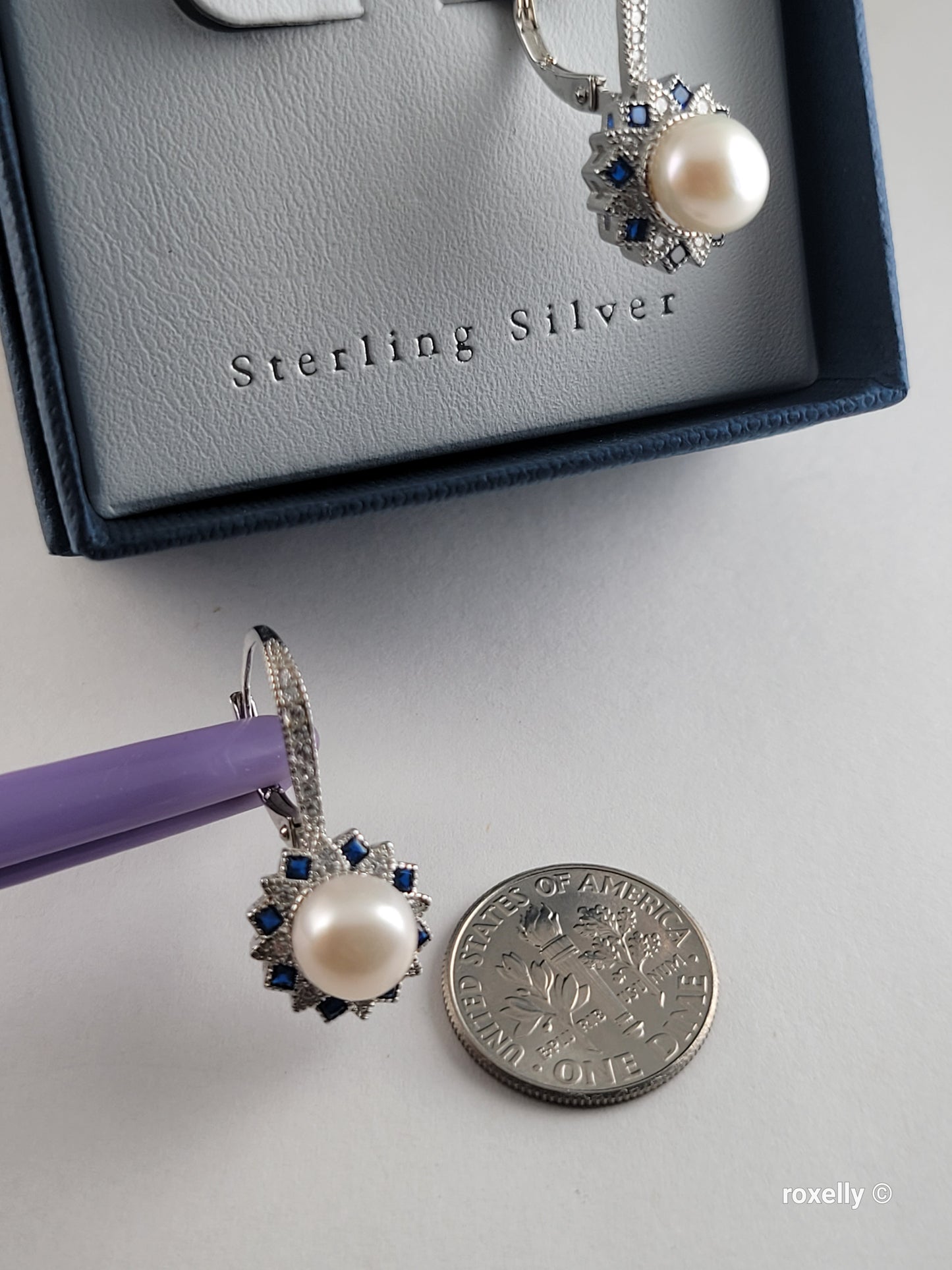 ❤️Precious Sterling Silver Fresh-Water Pearl, White and Blue Cubic Zirconia Drop Earrings!