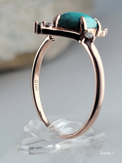 14k Rose Gold Turquoise and Diamonds Ring Size 7.5 Solid Gold!