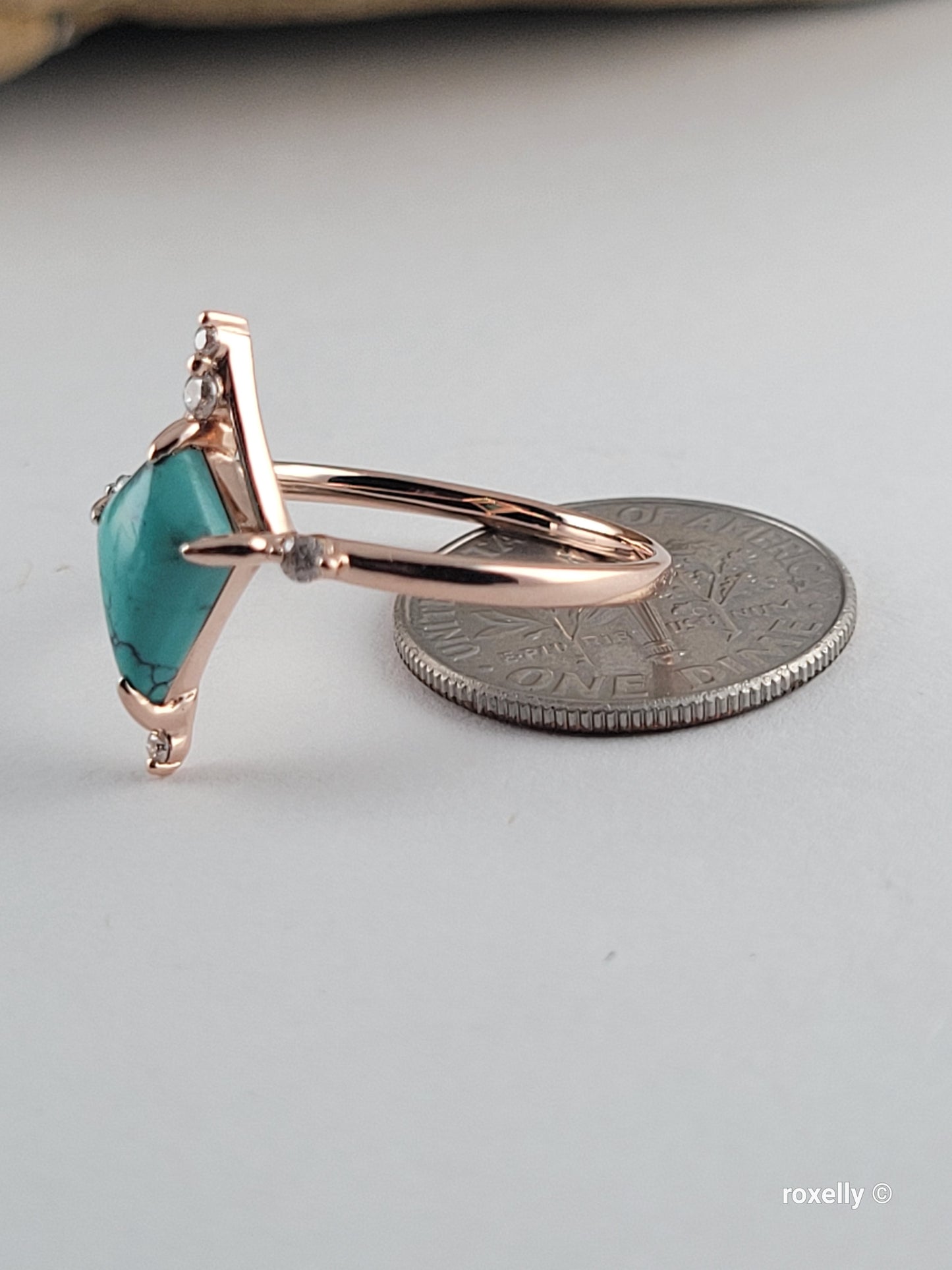 14k Rose Gold Turquoise and Diamonds Ring Size 7.5 Solid Gold!