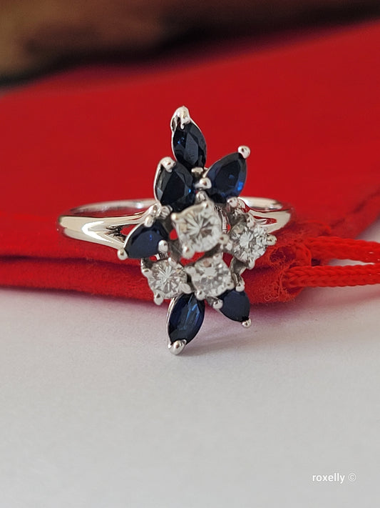 14K White Gold Sapphires and Diamonds Ring Size 5.5 Solid Gold