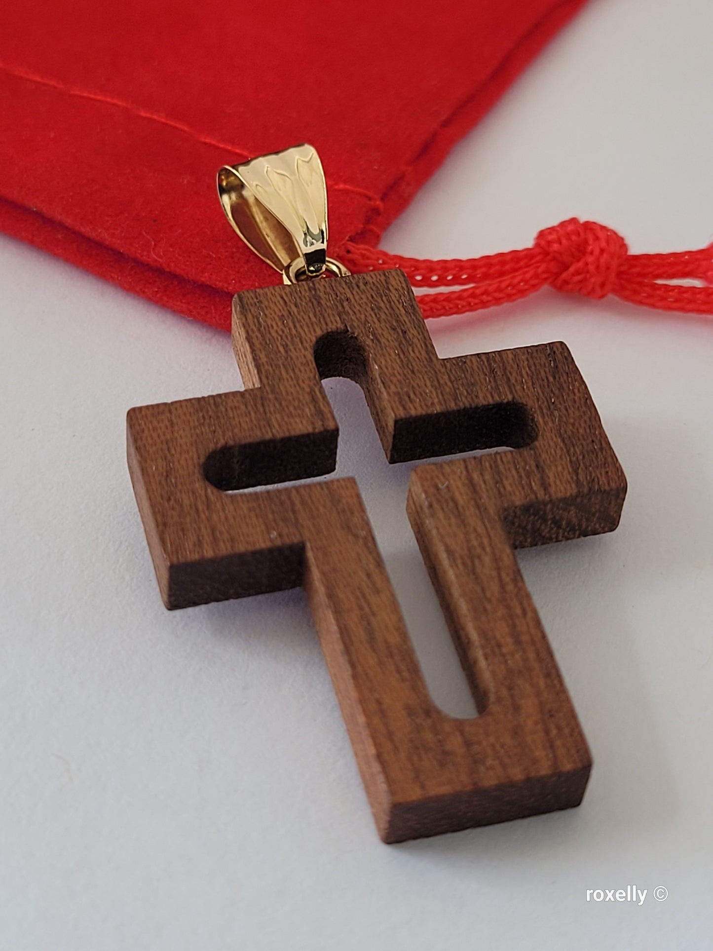 18K Yellow Gold Bail & Roman Wood Cross – Made in Italy