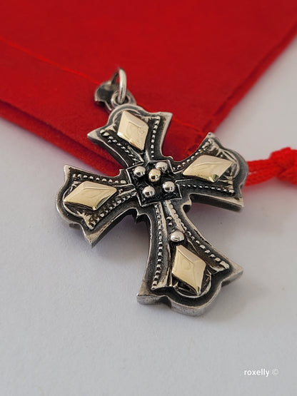 950 Oxidized Silver and 14k Solid Gold Cross-Shaped Vintage Pendant