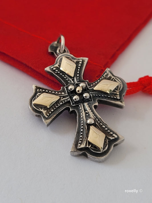 950 Oxidized Silver and 14k Solid Gold Cross-Shaped Vintage Pendant