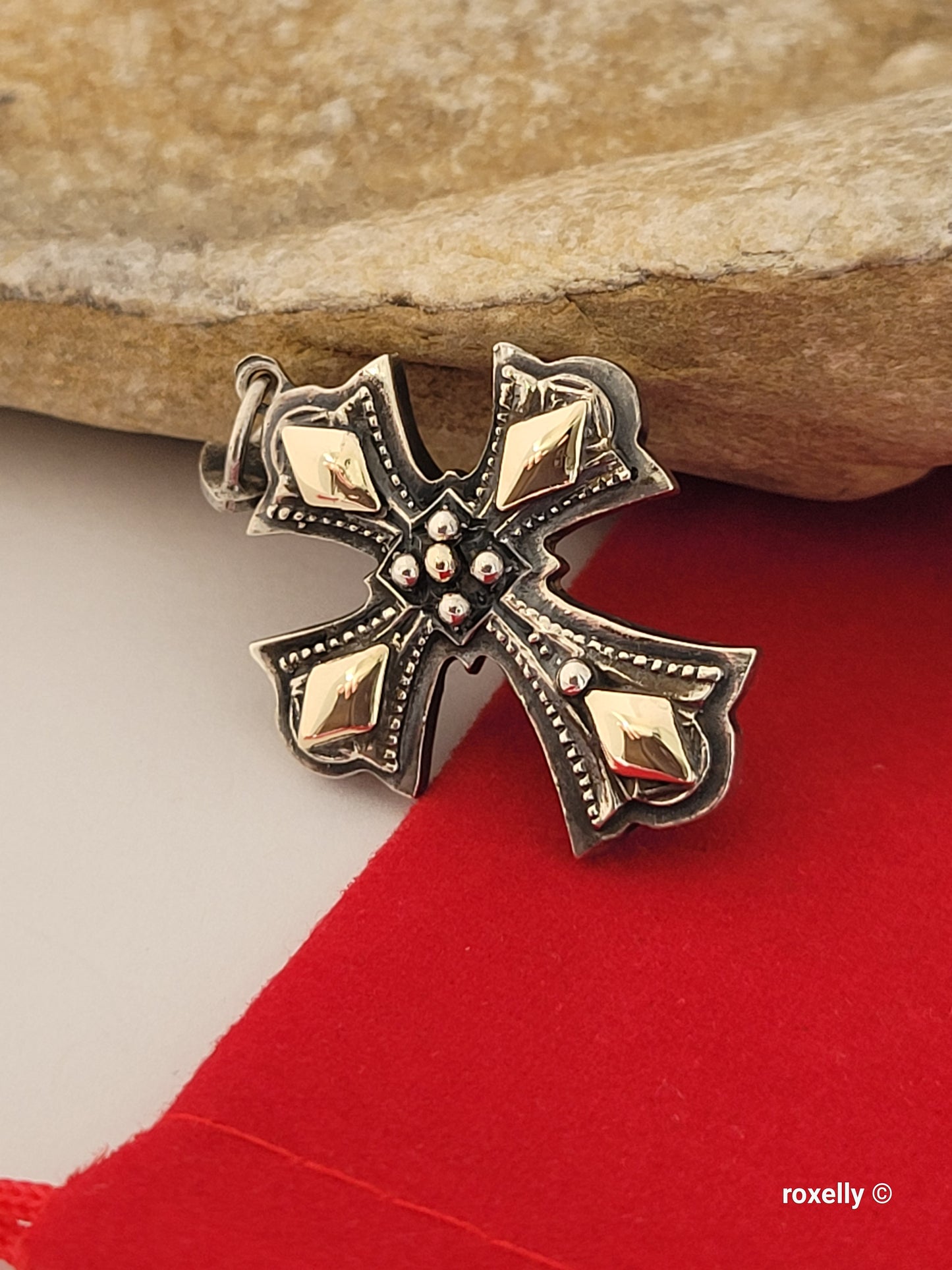 950 Oxidized Silver and 14k Solid Gold Cross-Shaped Vintage Pendant