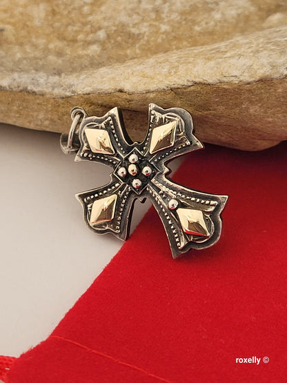 950 Oxidized Silver and 14k Solid Gold Cross-Shaped Vintage Pendant
