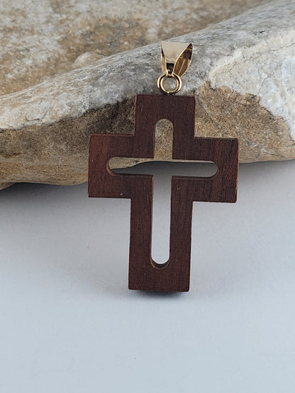 18K Yellow Gold Bail & Roman Wood Cross – Made in Italy