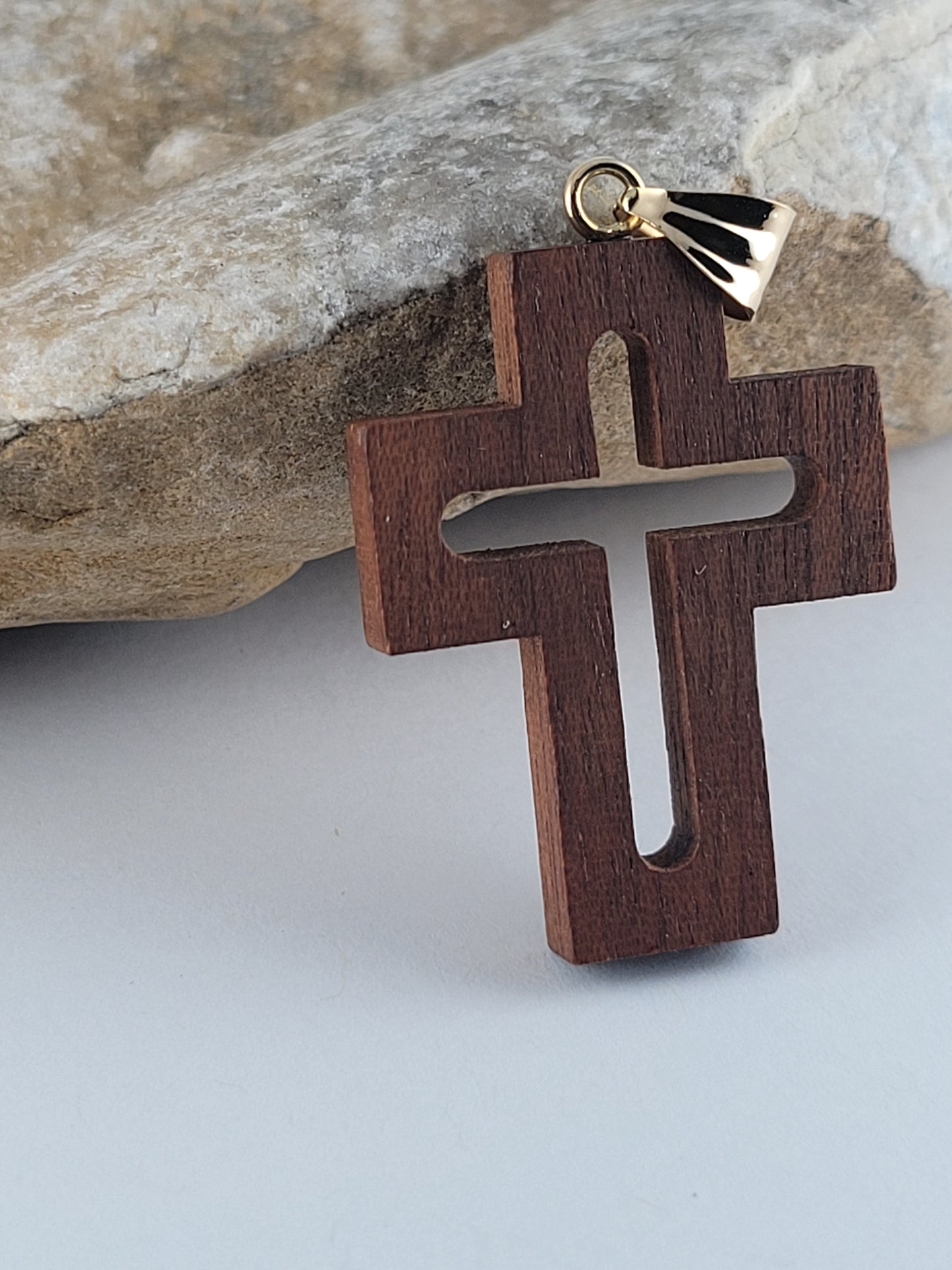 18K Yellow Gold Bail & Roman Wood Cross – Made in Italy