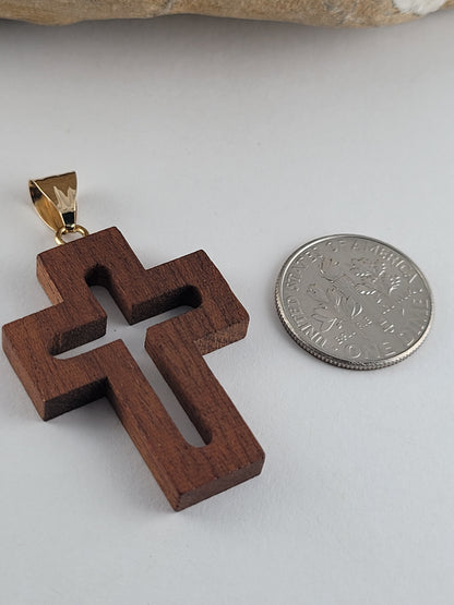 18K Yellow Gold Bail & Roman Wood Cross – Made in Italy
