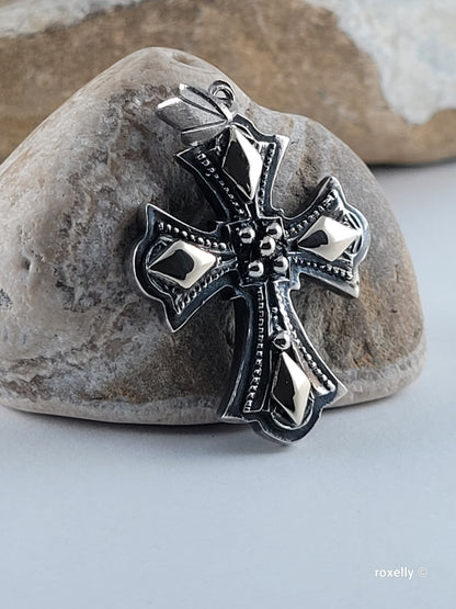 950 Oxidized Silver and 14k Solid Gold Cross-Shaped Vintage Pendant