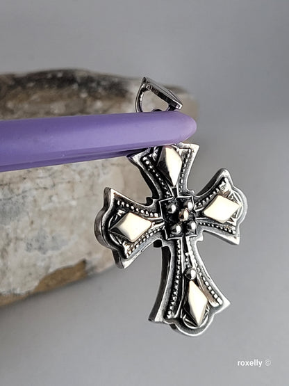 950 Oxidized Silver and 14k Solid Gold Cross-Shaped Vintage Pendant