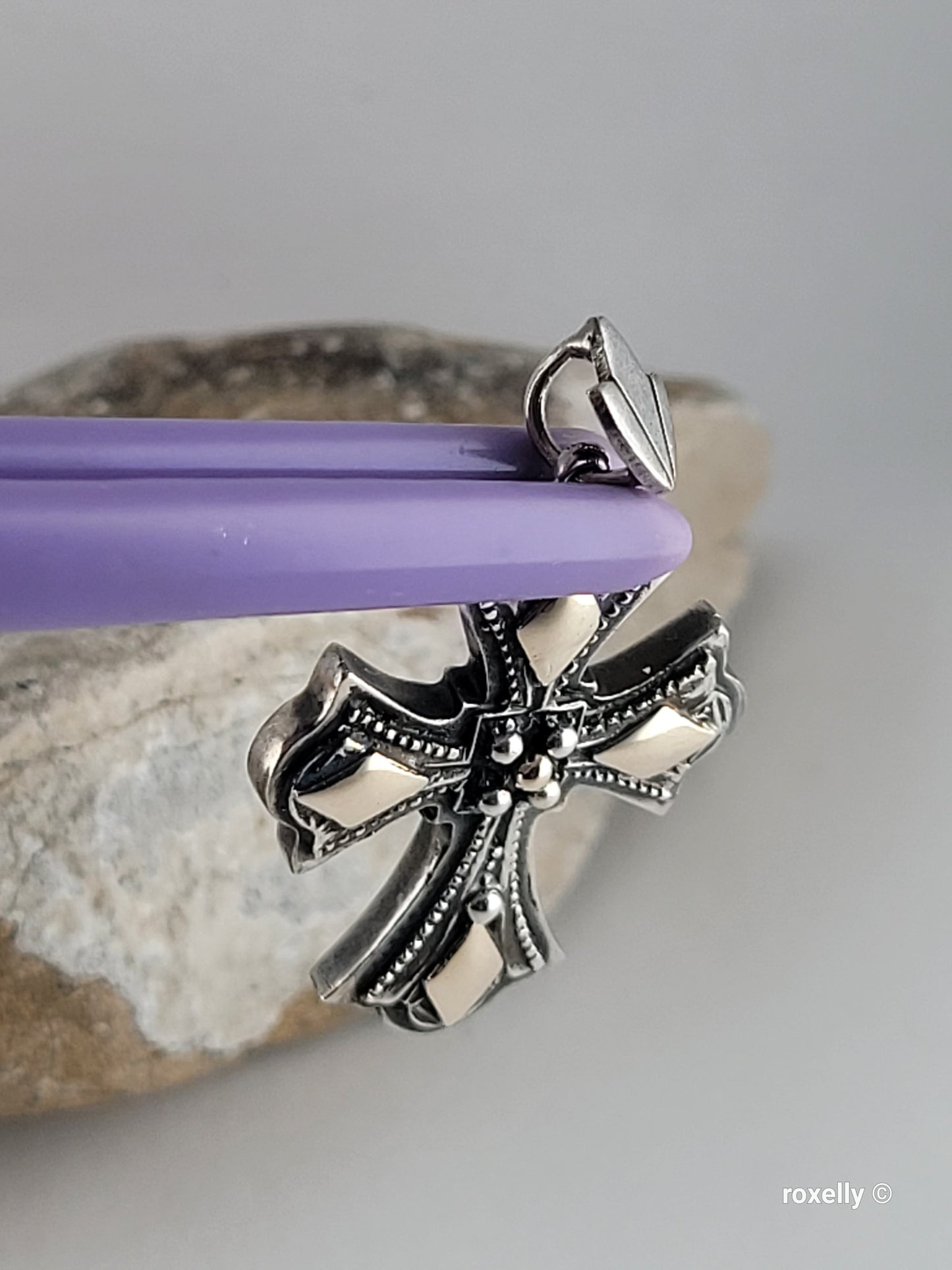 950 Oxidized Silver and 14k Solid Gold Cross-Shaped Vintage Pendant