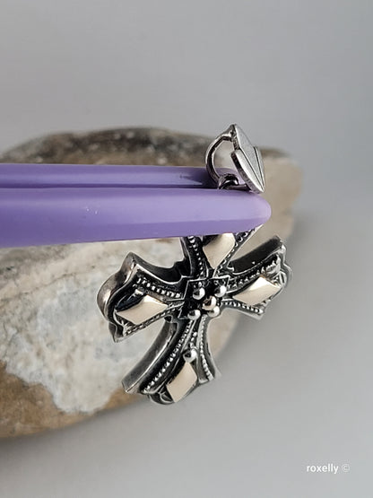 950 Oxidized Silver and 14k Solid Gold Cross-Shaped Vintage Pendant