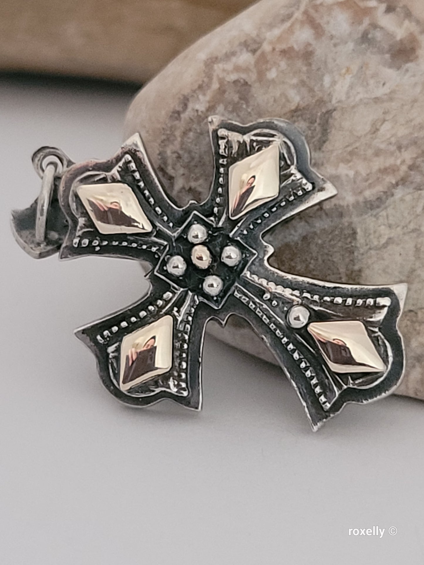950 Oxidized Silver and 14k Solid Gold Cross-Shaped Vintage Pendant