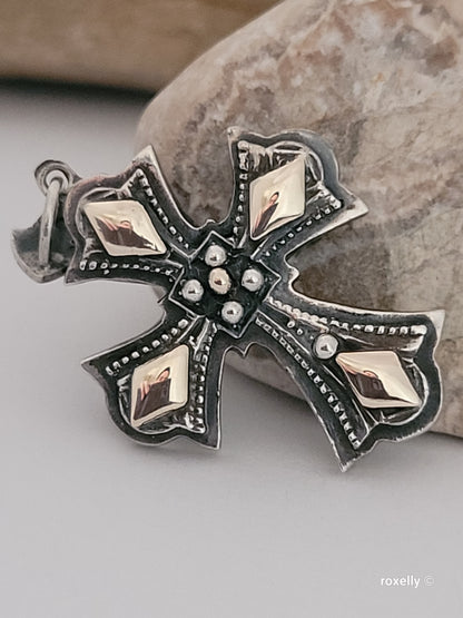 950 Oxidized Silver and 14k Solid Gold Cross-Shaped Vintage Pendant