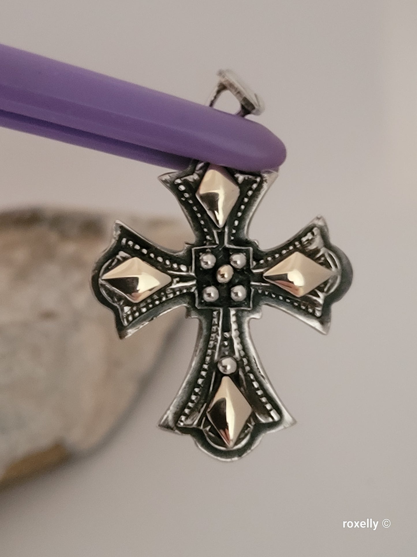 950 Oxidized Silver and 14k Solid Gold Cross-Shaped Vintage Pendant