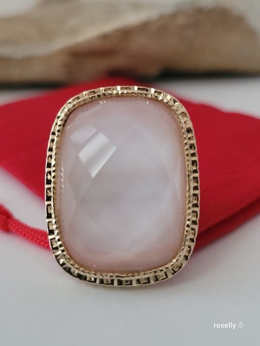 14K Rose and Yellow Gold Natural Quartz Ring Size 5 Solid Gold Made in Italy