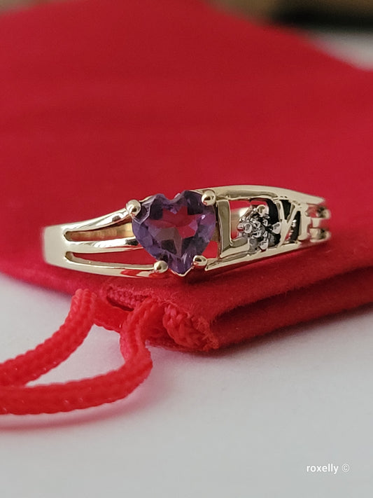 10K Yellow Gold Heart-Shaped Amethyst and Diamond Ring Size 6.25 Solid Gold