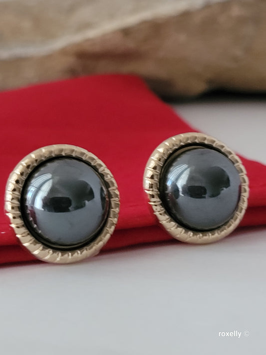 14K Yellow Gold Natural Hematite Stud Earrings Vintage Half Dome Cabochon Classic Design