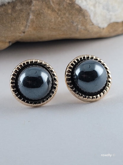 14K Yellow Gold Natural Hematite Stud Earrings Vintage Half Dome Cabochon Classic Design