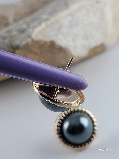 14K Yellow Gold Natural Hematite Stud Earrings Vintage Half Dome Cabochon Classic Design