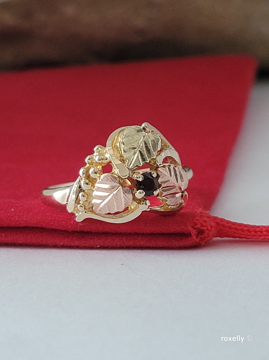 10K Rose and Yellow Gold Garnet and Leaves Black Hills Ring Size 6.5 Solid Gold