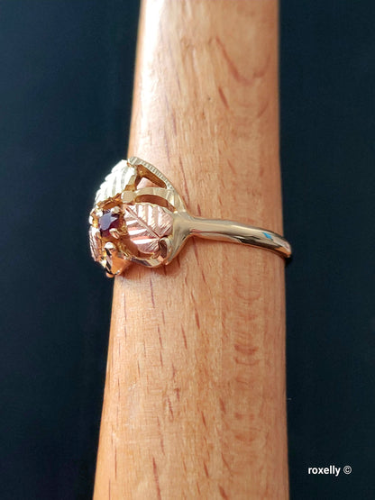 10K Rose and Yellow Gold Garnet and Leaves Black Hills Ring Size 6.5 Solid Gold
