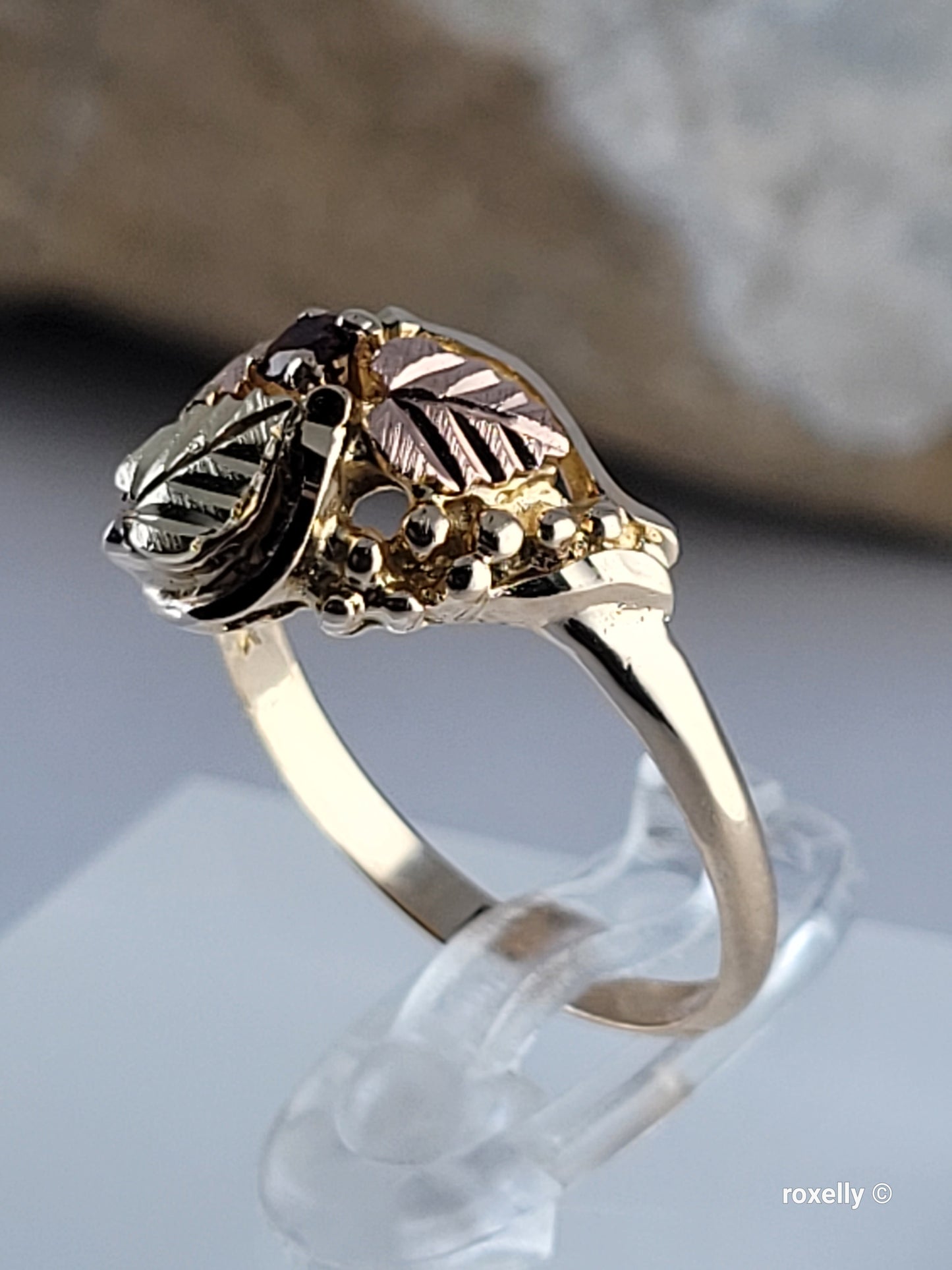 10K Rose and Yellow Gold Garnet and Leaves Black Hills Ring Size 6.5 Solid Gold