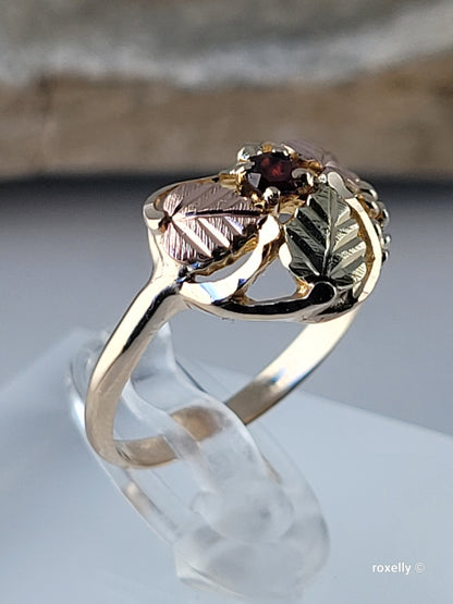10K Rose and Yellow Gold Garnet and Leaves Black Hills Ring Size 6.5 Solid Gold