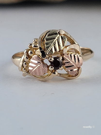 10K Rose and Yellow Gold Garnet and Leaves Black Hills Ring Size 6.5 Solid Gold