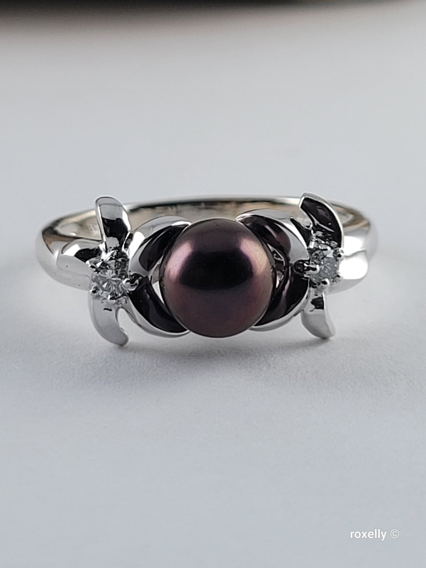 14K White Gold Purple Fresh-Water Pearl and Diamonds Ring Size 8.75 Solid Gold