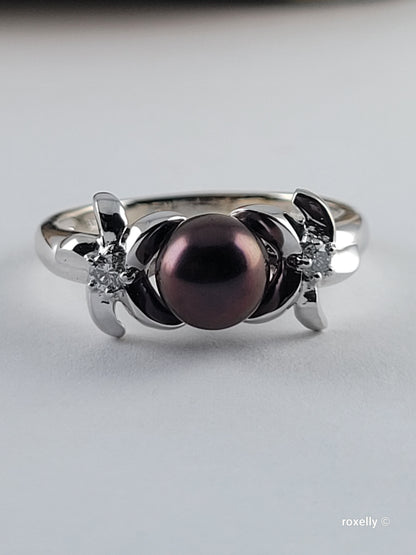 14K White Gold Purple Fresh-Water Pearl and Diamonds Ring Size 8.75 Solid Gold