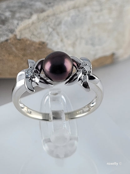 14K White Gold Purple Fresh-Water Pearl and Diamonds Ring Size 8.75 Solid Gold