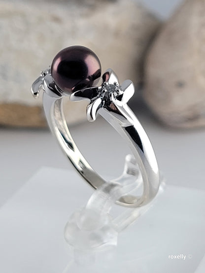14K White Gold Purple Fresh-Water Pearl and Diamonds Ring Size 8.75 Solid Gold