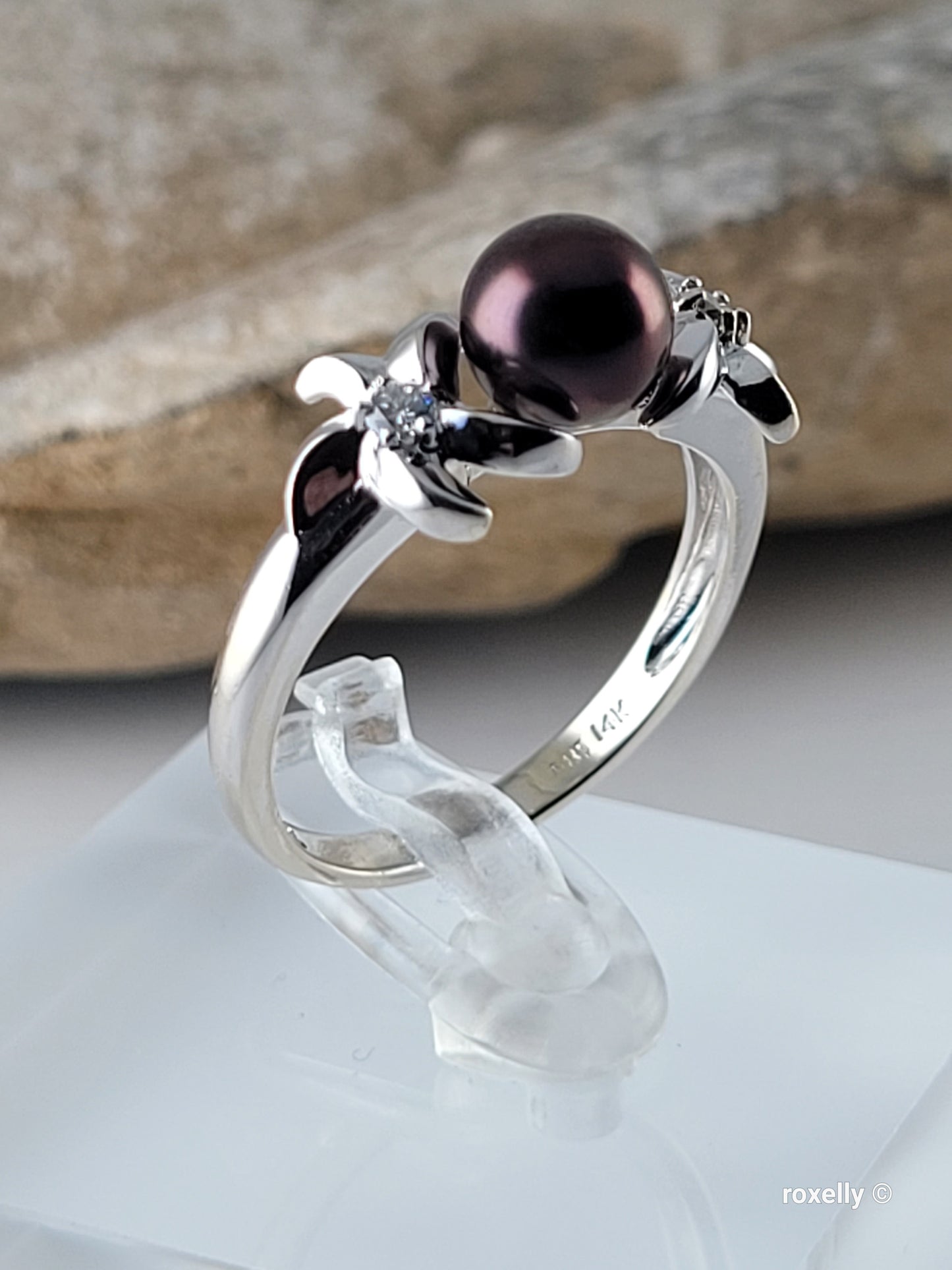 14K White Gold Purple Fresh-Water Pearl and Diamonds Ring Size 8.75 Solid Gold